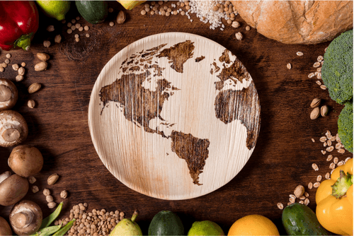 Plate with image of the globe surrounded by grains and vegetables