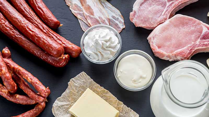 Meat, dairy, and other sources of saturated fats.