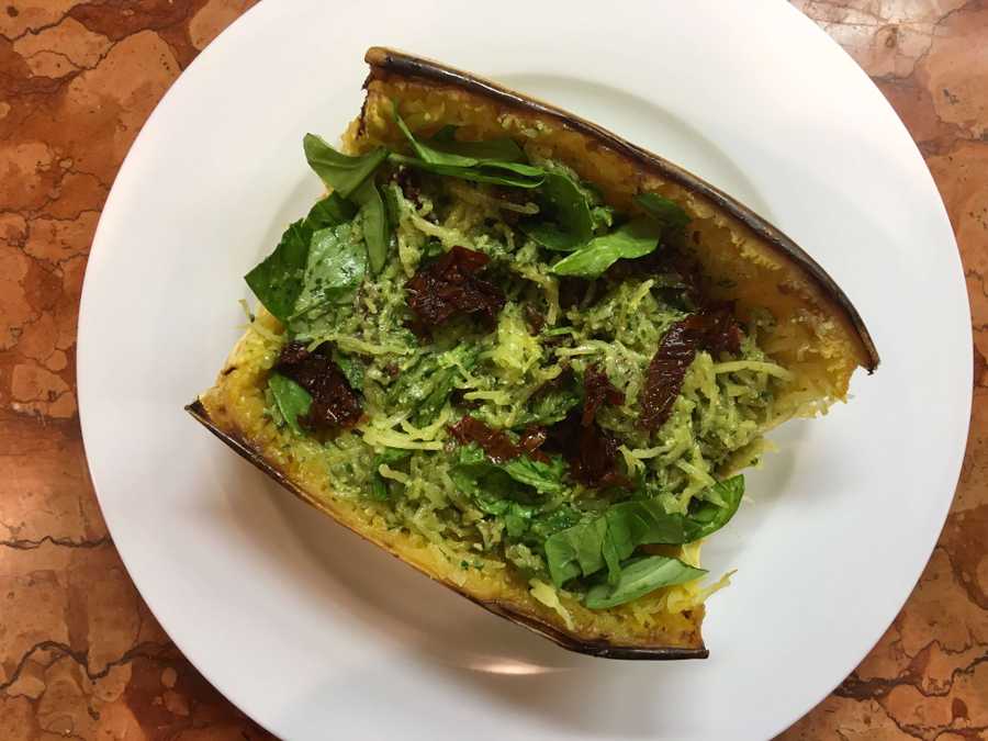 Homemade pesto spaghetti squash