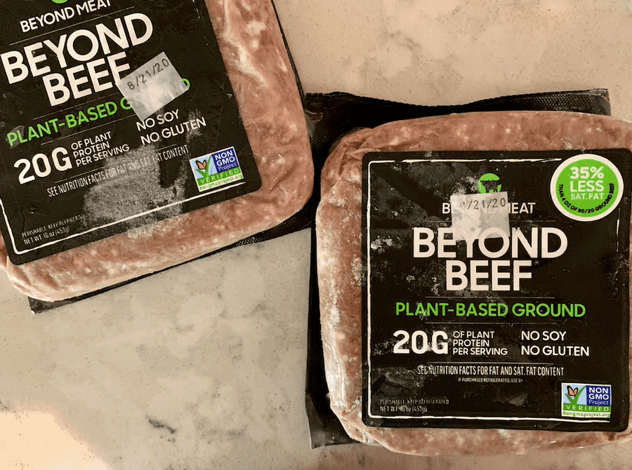 Two packages of Beyond Beef meat on a table