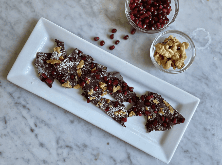 dark chocolate bark with pomegranate and walnuts