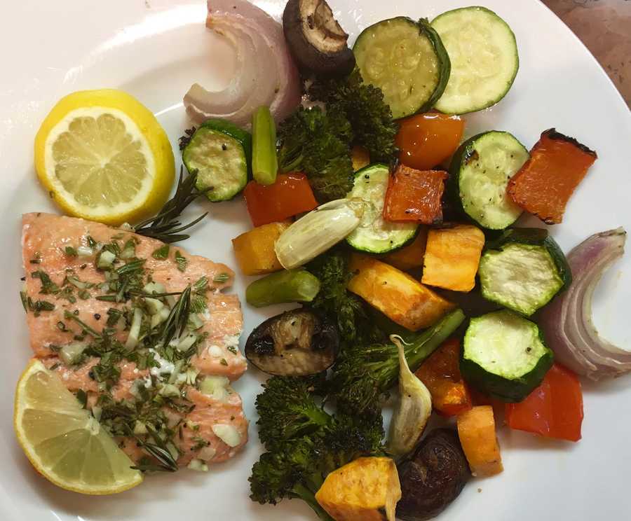 Homemade salmon with a side of roasted vegetables