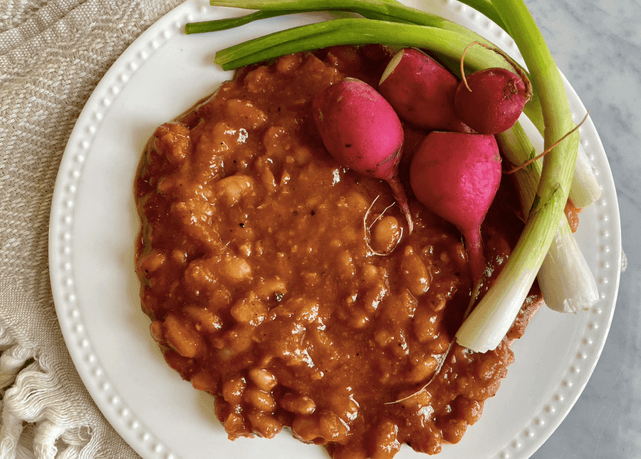 Plate of fasoulieh with radishes and green onions. 