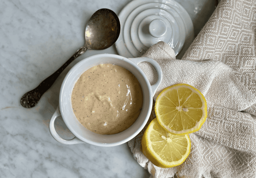 Salad dressing in a small bowl