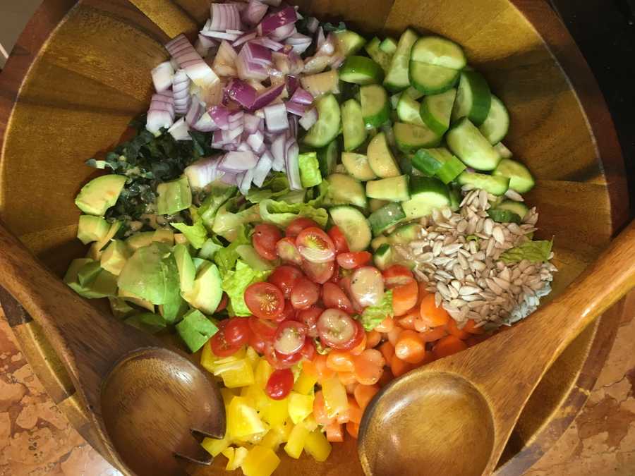 Salad ingredients in a large serving bowl
