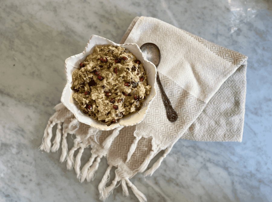 Baba Ghanoush in a white bowl.