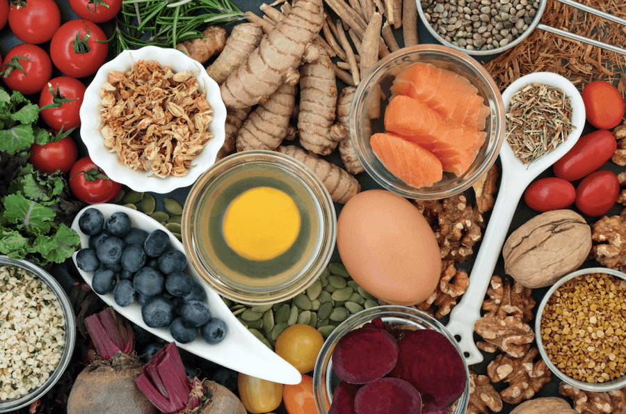 Aerial view of foods.