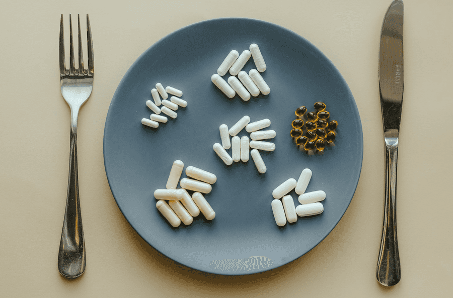 A plate with different sizes and shapes of supplements on it. 