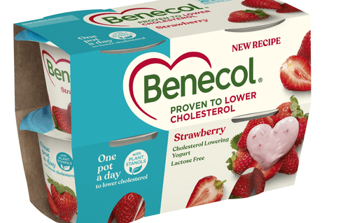 A package of strawberry Benecol yogurts.